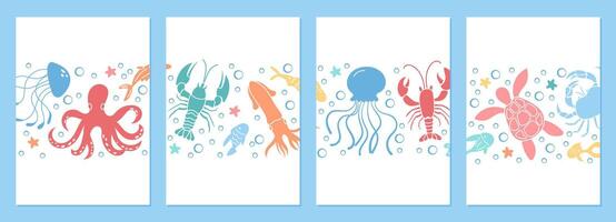 Underwater marine life poster illustration with vibrant sea creatures and coral reefs. Colorful oceanic design template and backgrounds create a fantastic aquatic scene with lively characters. vector