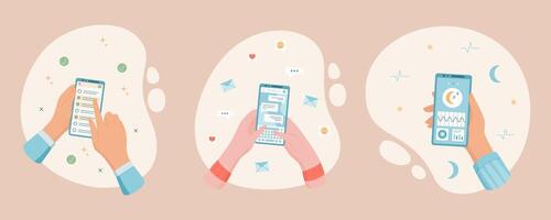 Smartphone and mobile phone cartoon set showing app screen with chat and message. Hands hold devices for online social media interaction, concept of digital communication and technology. vector