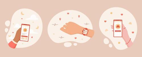 User hand hold mobile phone set with app on screen, touch gesture. Concept of digital design and social media, mobile application. Suitable for online marketing and business usage. vector