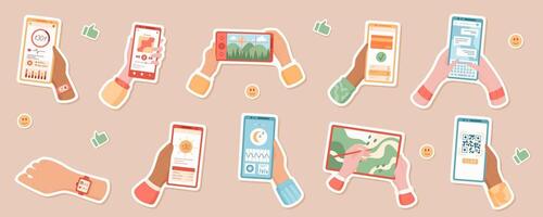 Hands hold smartphones with applications sticker set. Digital devices display social media, chat, and . Concept of mobile technology and communication. Ideal for online media usage. vector