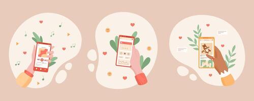Set of hands hold smartphone app displaying social media gestures. Character showcases modern digital communication, flat design, ideal for social interaction and online platforms. vector