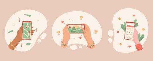 Smartphone in hand with app screen, mobile navigation concept in cartoon and flat style. Icon phone set for technology, social media, and online communication. Ideal for web and digital design themes, vector