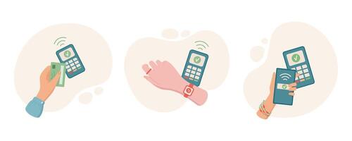 Digital payment set with hand using smartphone, card, and device for money transfer. Icon set for financial transactions, flat style. Ideal digital economy, charity, and business illustrations. vector