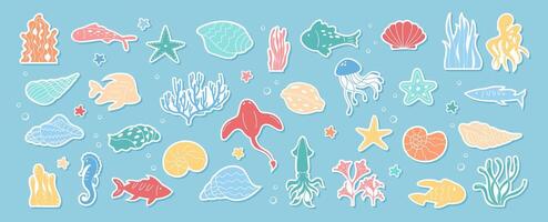 A set showcasing ocean life with colorful marine creatures. Ideal for underwater themed illustrations featuring fish, anemones, and various aquatic species. vector