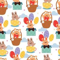 seamless pattern cute cartoon bunny inside cup, box and basket with clouds around it. cute animal drawing for wallpaper, pattern, background vector