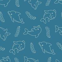 Outline Seamless Pattern of Dolphin Animal Seaweed Background for Fashion Wrapping Print vector