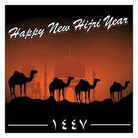 Beautiful Greeting for Hijri New Year with Sunset and Camel. vector