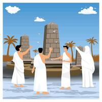 Traditional Pilgrimage Ritual Depicting Group at Monument in Peaceful Setting. vector
