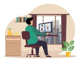 Man Working Remotely From His Home Office. vector
