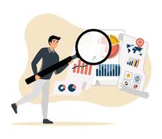 Man Analyzing Data With Magnifying Glass for Business Insights. vector