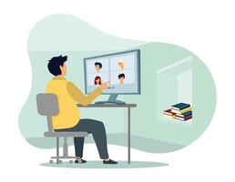 Person Participating in Online Call Meeting at Home Workspace. vector