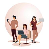 Young Professionals Collaborating in Modern Workspace with Laptops and Mobile Devices. vector