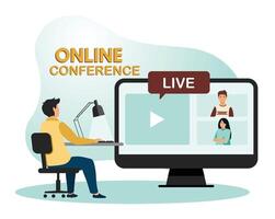 Man conducting Live Online Conference with Participants on Computer Screen. vector