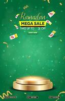 ramadan mega sale template banner with 3d podium for product sale with abstract green background design vector