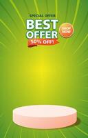 best offer sale discount portait template banner with blank space 3d podium for social media feed product sale with abstract gradient green and yellow background design vector
