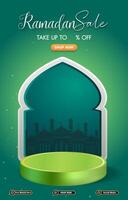 ramadan sale discount template banner with 3d podium with abstract gradient green background design vector