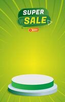 super sale discount portait template banner with blank space 3d podium for social media feed product sale with abstract gradient green and yellow background design vector