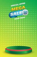 mega sale discount portait template banner with blank space 3d podium for social media feed product sale with abstract gradient green and yellow background design vector