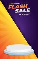 flash sale discount portait template banner with blank space 3d podium for social media feed product sale with abstract gradient purple and yellow background design vector