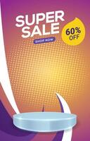 super sale discount portait template banner with blank space 3d podium for social media feed product sale with abstract gradient purple and yellow background design vector
