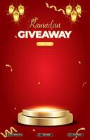 ramadan giveaway template banner with 3d podium for product sale with abstract red background design vector