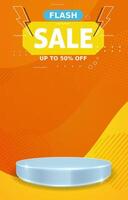 flash sale discount portait template banner with blank space 3d podium for social media feed product sale with abstract gradient orange and yellow background design vector
