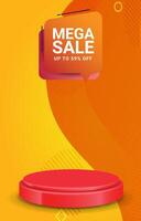 mega sale discount portait template banner with blank space 3d podium for social media feed product sale with abstract gradient orange and yellow background design vector