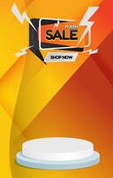 flash sale discount template banner with blank space 3d podium for social media feed product sale with abstract gradient orange and yellow background design vector