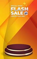 special offer flash sale discount portait template banner with blank space 3d podium for social media feed product sale with abstract gradient orange and yellow background design vector