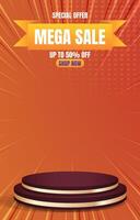 special offer mega sale discount template banner with blank space 3d podium for social media feed product sale with abstract gradient orange background design vector