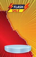 flash sale discount portait template banner with blank space 3d podium for social media feed product sale with abstract gradient red and yellow background design vector