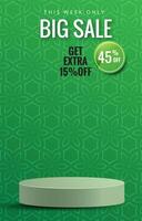 big sale discount portait template banner with 3d podium for product sale social media with abstract gradient green background design vector