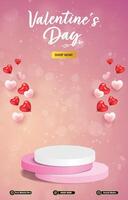valentine day sale discount portait template banner with blank space 3d podium for social media post product sale with abstract gradient pink background design vector