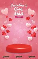valentine sale discount portait template banner with blank space 3d podium for social media post product sale with abstract gradient red background design vector