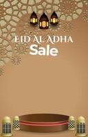 eid al adha sale discount portait template banner with blank space 3d podium for media social feed product sale with abstract background vector