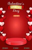 valentine super sale discount portait template banner with blank space 3d podium for social media post product sale with abstract gradient red background design vector