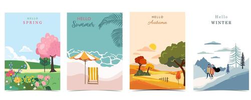 Four season landscape background with mountain and tree for a4 vertical design vector