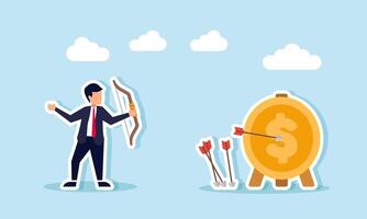 Businessman practices archery with a dollar coin as the target, illustration of targeting profit, revenue, and valuation growth vector