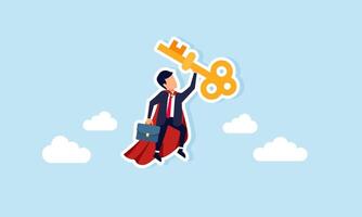 Super businessman lifts a key through the sky, illustration of the ability in problem solving vector