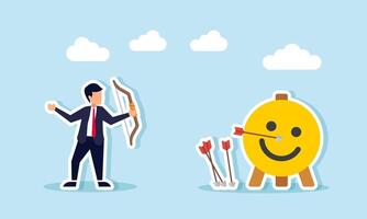 Businessman practices archery with a happy emoticon as the target, illustration of targeting positive attention from the market vector
