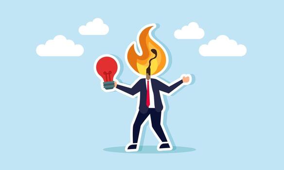 A businessman with a burning matchstick head carries a red lamp, illustration of a deadline for implementing the right business ideas and innovations vector