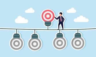 A businessman stands among target board-shaped lamps that are off, except for one lit lamp, illustration of how choosing the right business target can enhance work effectiveness vector
