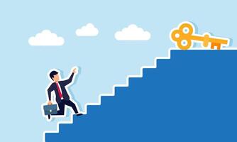 A businessman runs up the stairs to reach a key at the top, illustration of efforts to find business solutions vector