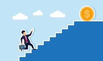 A businessman runs up the stairs to reach a dollar coin at the top, illustration of efforts to secure and increase business profit, revenue, and valuation vector