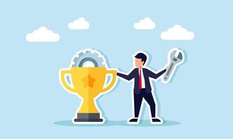 A businessman holds a machine key beside a trophy with gears, illustration of maintenance and evaluation related to performance as a leading company vector