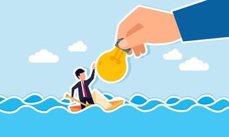 A hand provides a light bulb to a businessman on a sinking paper boat, illustration of idea support from other entrepreneurs to avoid bankruptcy vector