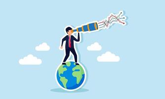 A businessman observes a line chart from above the globe, illustration of business evaluation and analysis related to competitor performance vector