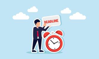 A businessman holds a board that says DEADLINE beside an alarm clock, illustration of a reminder to complete work on a deadline vector