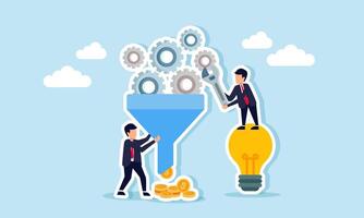 Businessmen work together to produce dollar coins from gears passing through a channel beside a lamp, illustration of teamwork in generating profit from business ideas vector