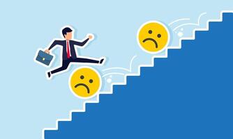 Businessman runs up the stairs and jumps over rolling sad emoticons, illustration of avoiding negative effects from market perception and attention vector